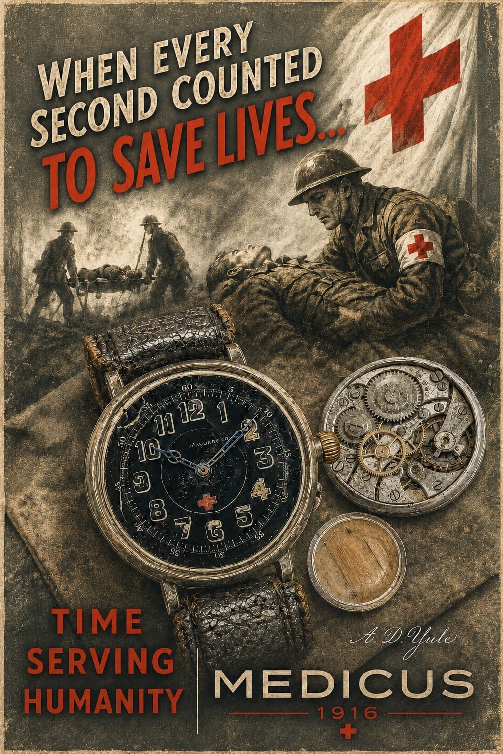 Medicus 1916 heritage poster with trench watch and wartime medical scene