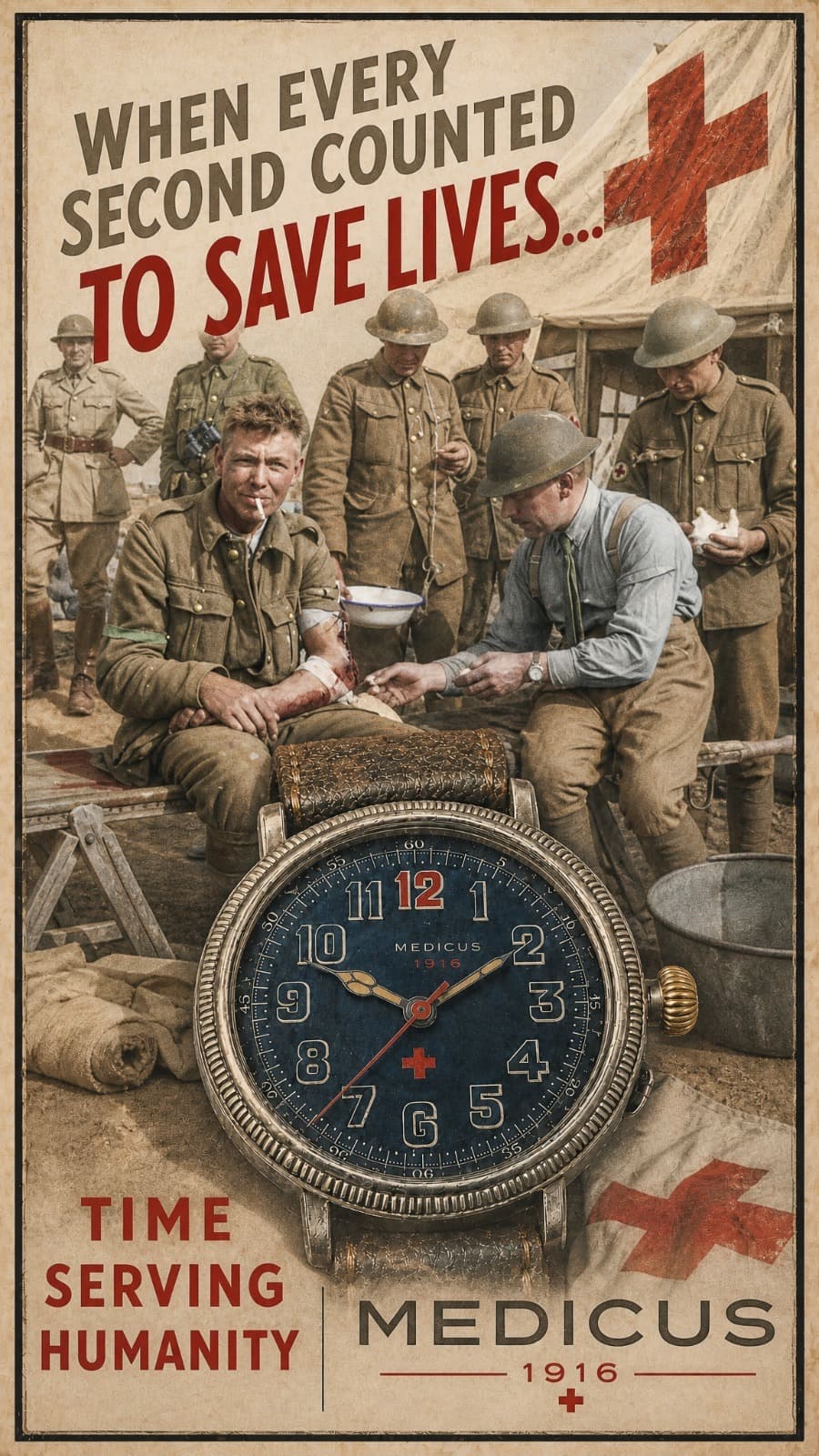 Medicus 1916 poster: field hospital scene with trench watch
